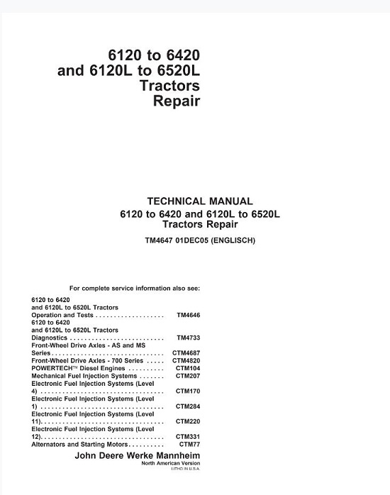 John Deere 6120 , 6420, 6120L, 6520L Tractor Technical Repair Manual