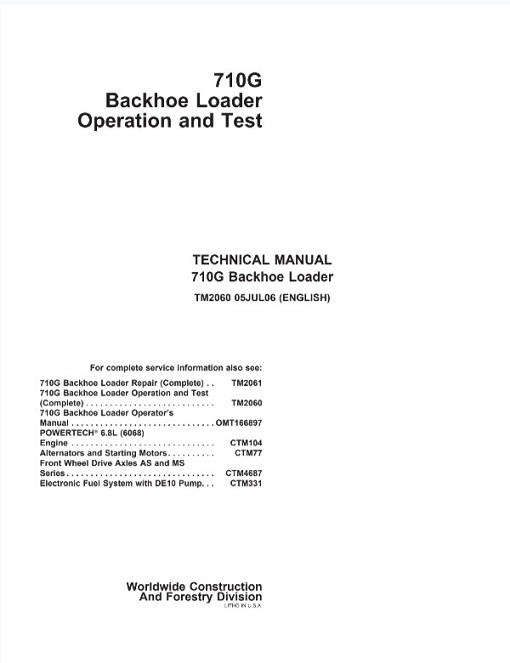 John Deere 710G Backhoe Loader Operation and Test Technical Manual