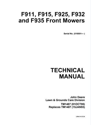 John Deere F911, F915, F925, F932, F935 Front Mowers Technical Manual