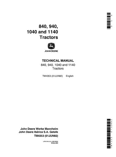 John Deere 840, 940, 1040, 1140 Tractors Technical Manual