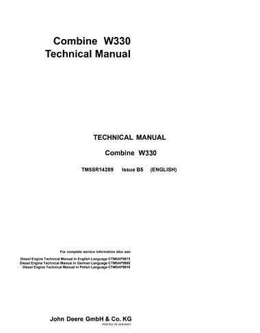 John Deere W330 Combine Harvesters Technical Manual