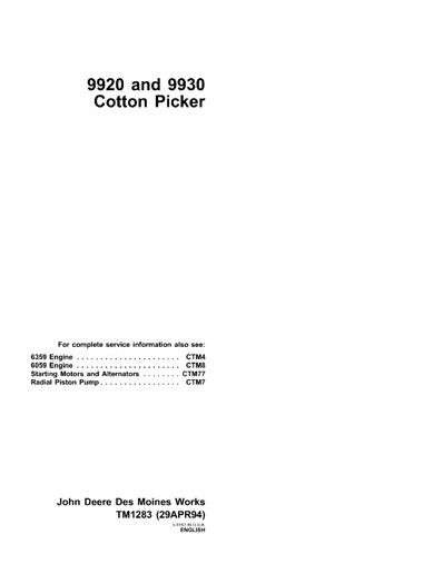 John Deere 9920, 9930 Cotton Picker Technical Manual