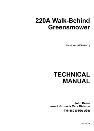 John Deere 220A Walk-Behind Greensmower Technical Manual