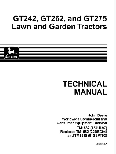 John Deere GT242, GT262, GT275 Lawn and Garden Tractors Technical Manual