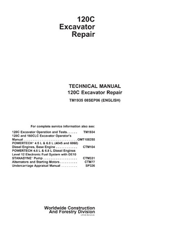 John Deere 120C Excavator Repair Technical Manual