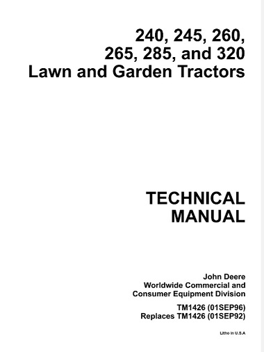 John Deere 240, 245, 260, 285, 320 Lawn & Garden Tractors Technical Manual