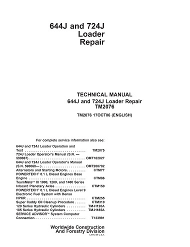 John Deere 644J and 724J Loader Repair Technical Manual