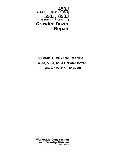 John Deere 450J, 550J, 650J Crawler Dozer Repair Technical Manual