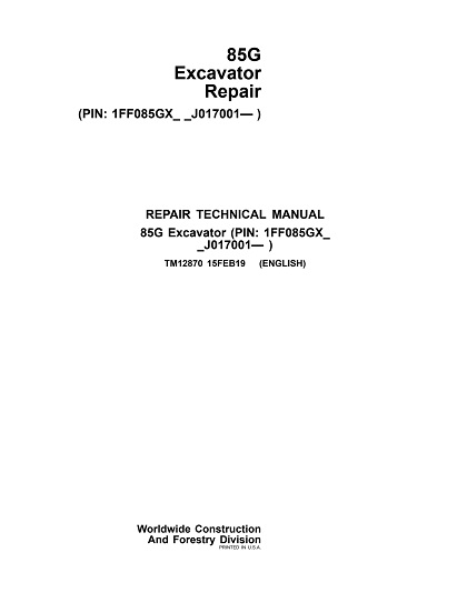 John Deere 85G Excavator Repair Technical Manual