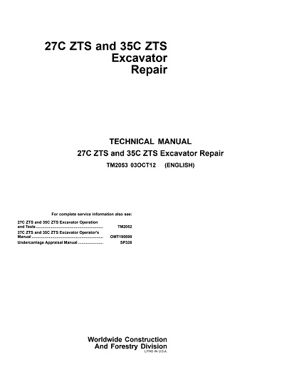 John Deere 27C ZTS and 35C ZTS Excavator Repair Technical Manual