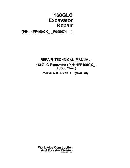 John Deere 160GLC Excavator Repair Technical Manual