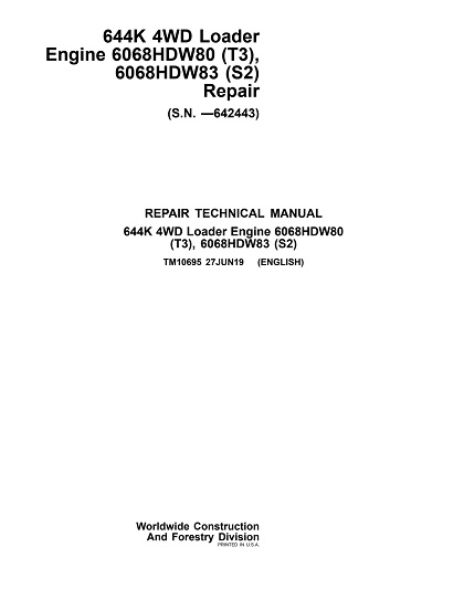 John Deere 644K 4WD Loader Engine 6068HDW80 (T3), 6068HDW83 (S2) Repair Technical Manual