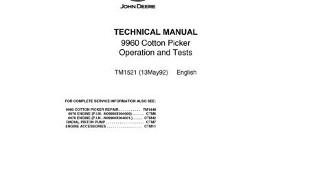 John Deere 9960 Cotton Picker Operation and Tests Technical Manual