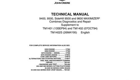 John Deere 9400, 9500, SideHill 9500 & 9600 MAXIMIZER Combines Diagnostics Technical Manual