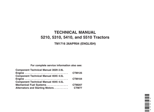 John Deere 5210, 5310, 5410, 5510 Tractors Technical Manual